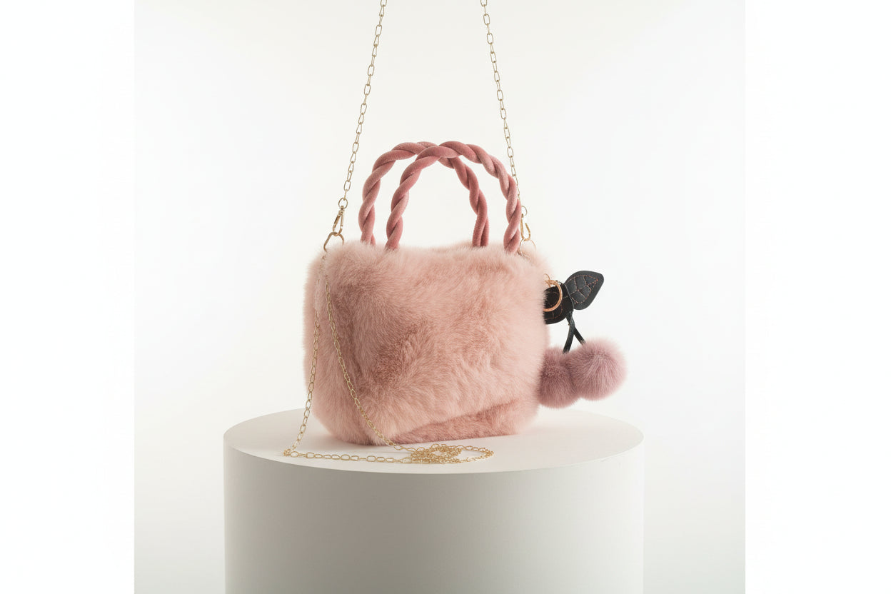 Plüsch-Handtasche „Cherry Blossom“ – Rosa Faux-Fur mit goldener Kette