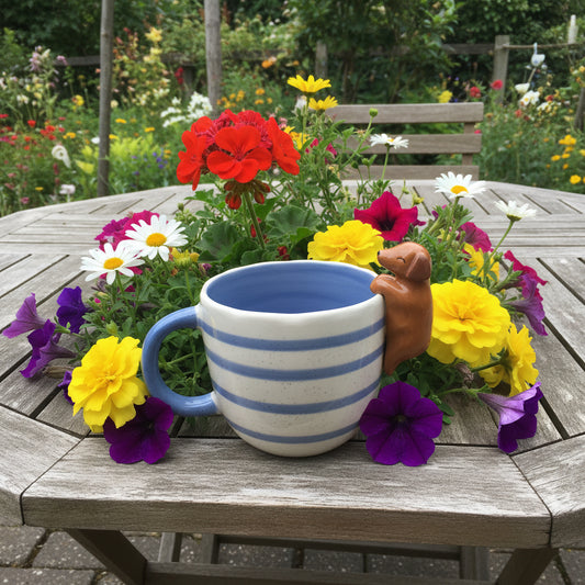 3D-Dackel-Keramiktasse von Sass & Belle – Gestreifter Becher mit kletterndem Hund am Rand