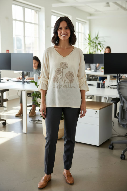 Edler Feinstaub-Pullover „Fiori di Italia“ – Cremeweiß – Einheitsgröße – NEU