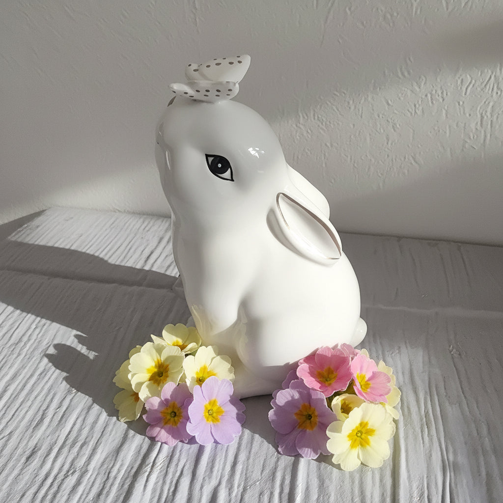 Eleganter weißer Porzellan-Hase mit Goldakzenten & Schmetterling – 23 cm