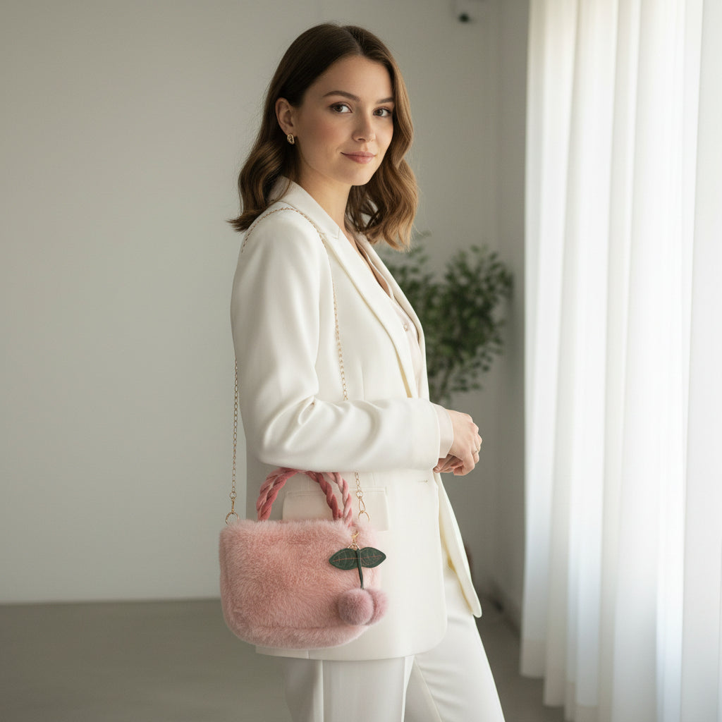 Plüsch-Handtasche „Cherry Blossom“ – Rosa Faux-Fur mit goldener Kette