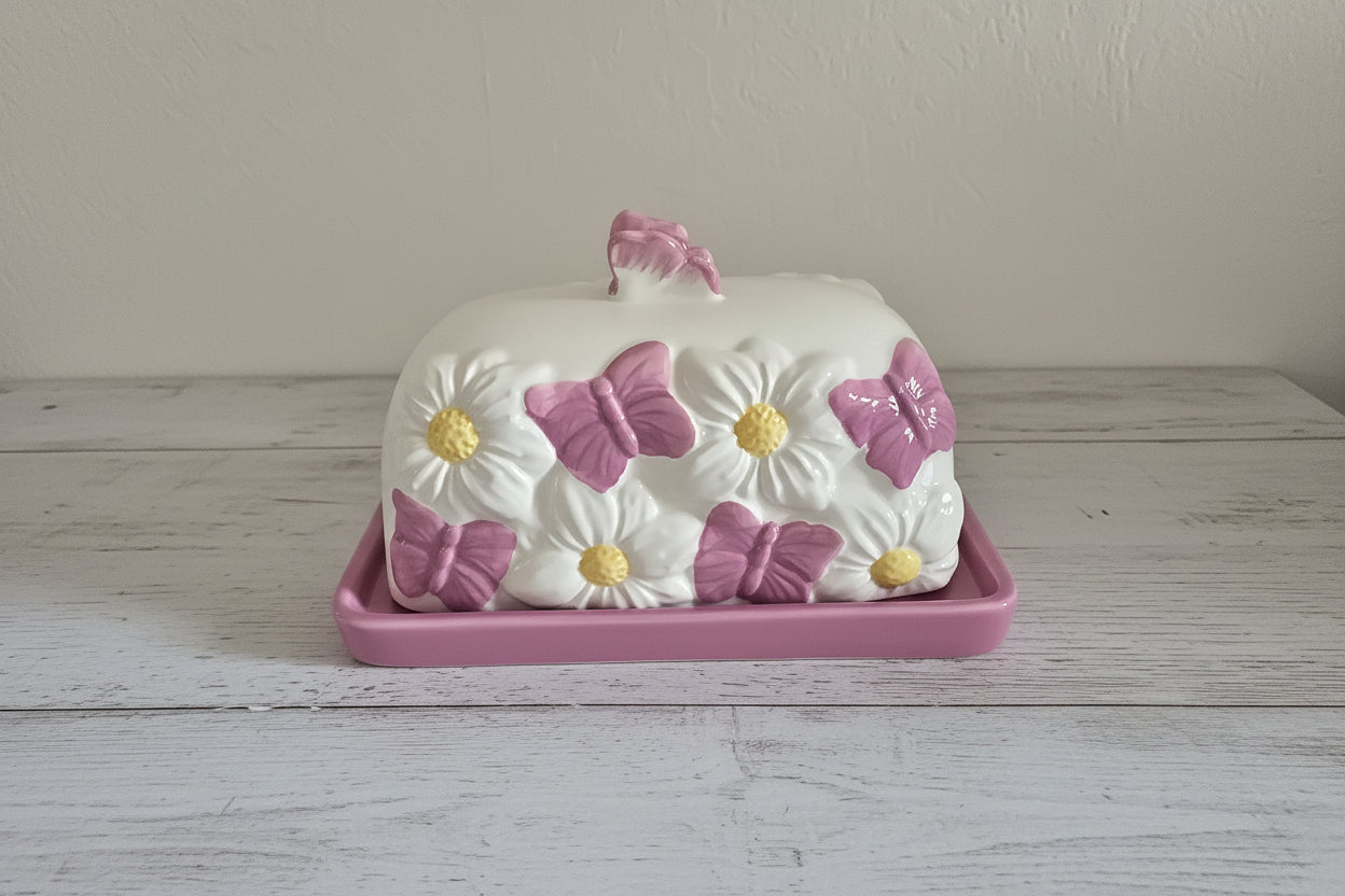 Romantische Keramik-Butterdose „Schmetterling & Margerite“ – Nostalgisches Design