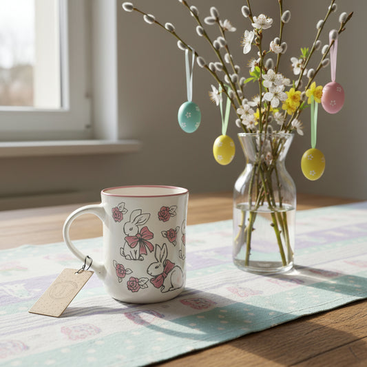 Romantische Hasen-Tasse mit Rosen & Schleifen – Nostalgisches Design ca. 12 cm