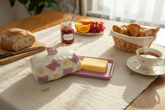 Romantische Keramik-Butterdose „Schmetterling & Margerite“ – Nostalgisches Design