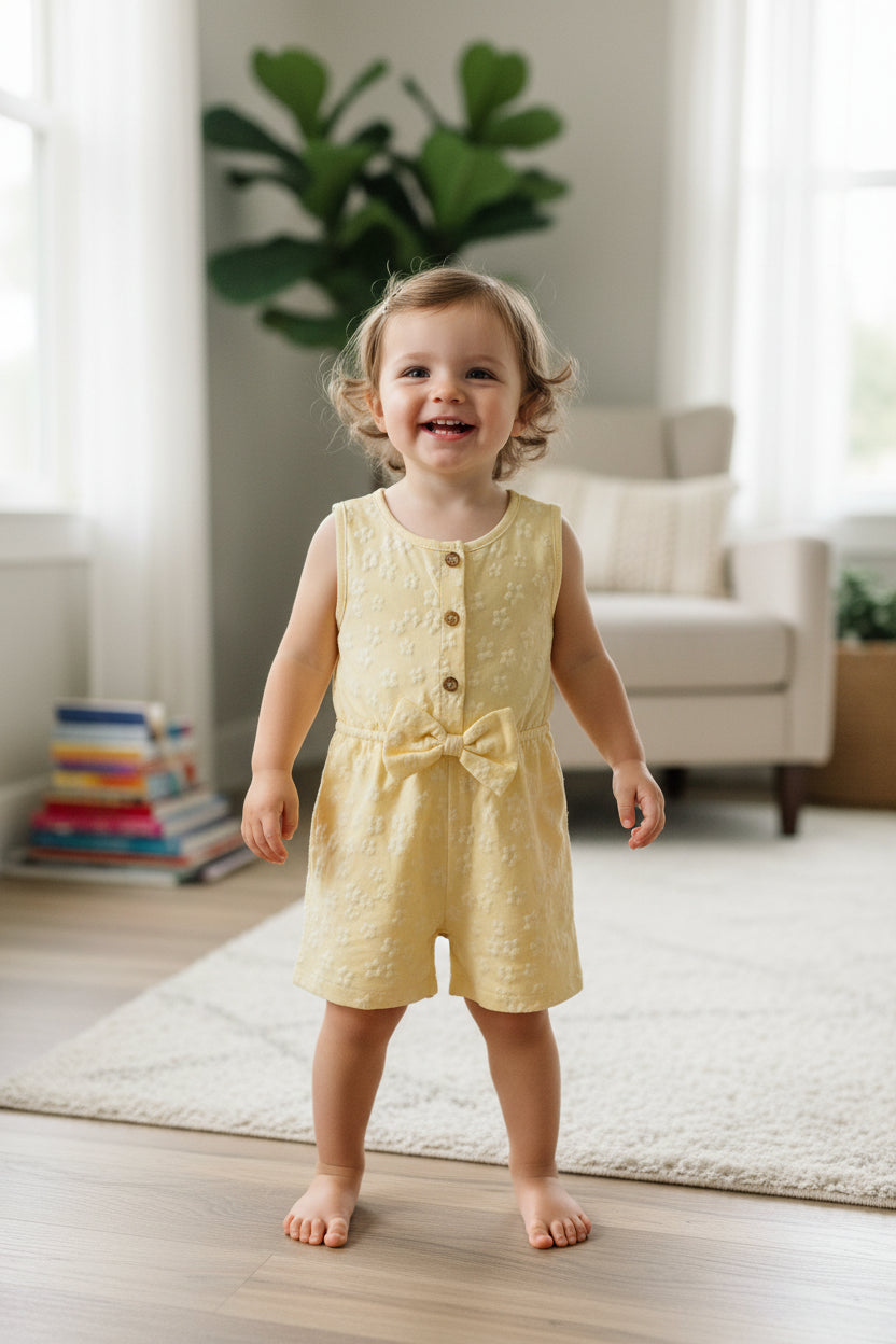 Mädchen Sommer-Jumpsuit „Sunny Flower“ mit Schleife & Strukturmuster – Gr. 92/98 (2-3 Jahre)