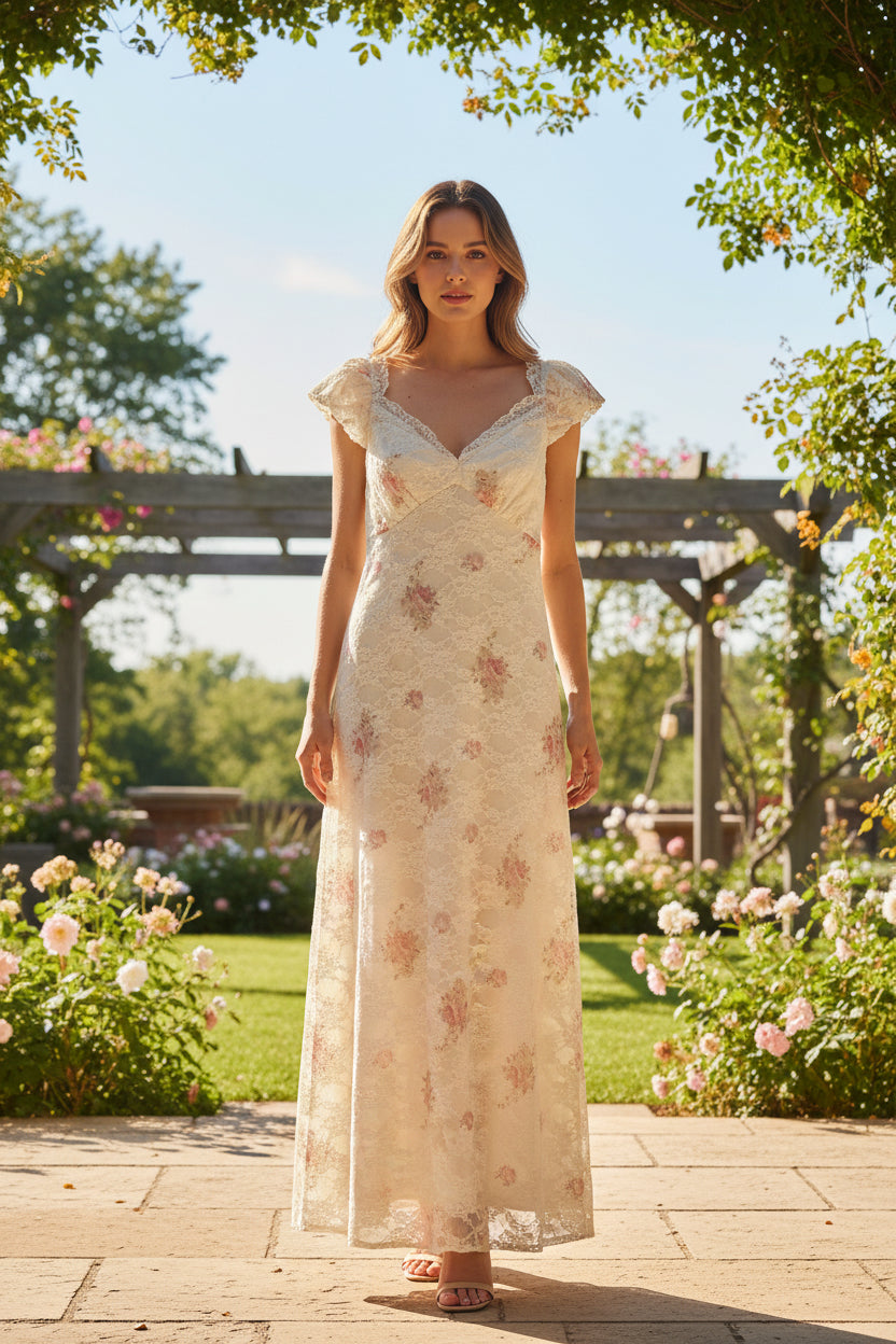 – Romantisches Spitzenkleid mit floralem Print & Rückenschnürung – Gr. 38