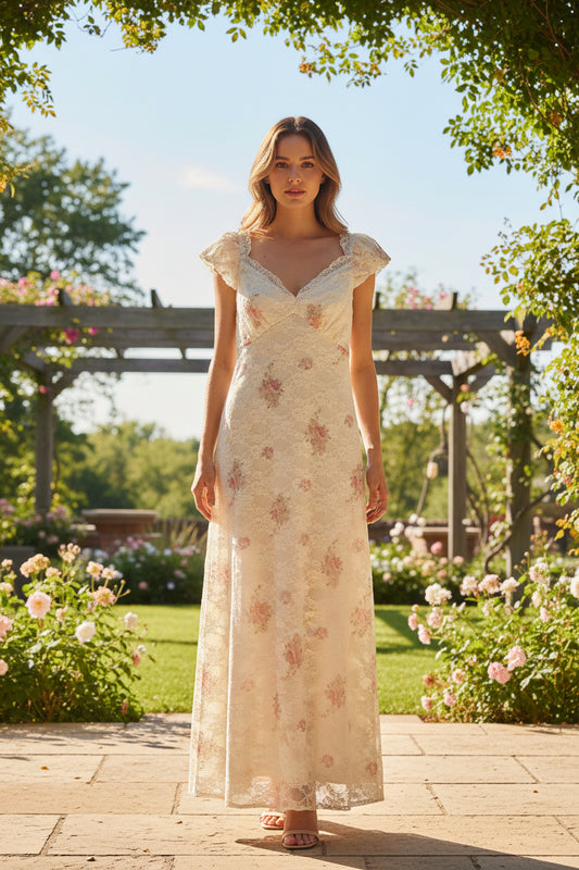 – Romantisches Spitzenkleid mit floralem Print & Rückenschnürung – Gr. 38