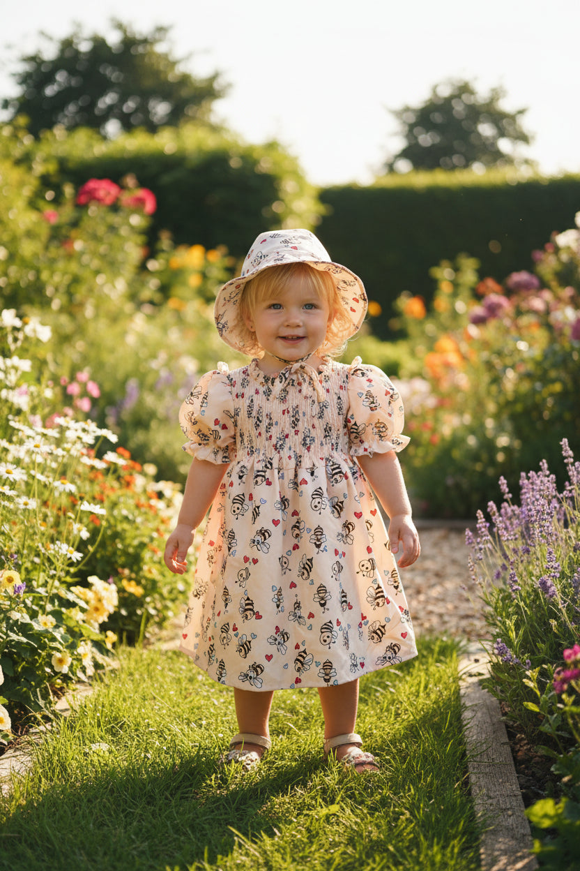 Niedliches Mädchen Sommer-Set: Bienchen-Kleid mit gesmokter Brust & passendem Sonnenhut – Gr. 92/98