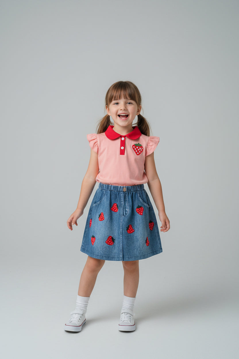 Mädchen Sommer-Set „Sweet Strawberry“: Poloshirt & Jeansrock – Gr. 116 (6 Jahre)