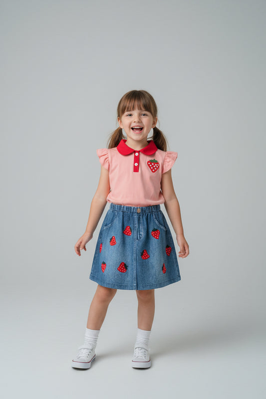 Mädchen Sommer-Set „Sweet Strawberry“: Poloshirt & Jeansrock Optik – Gr. 116 (6 Jahre)
