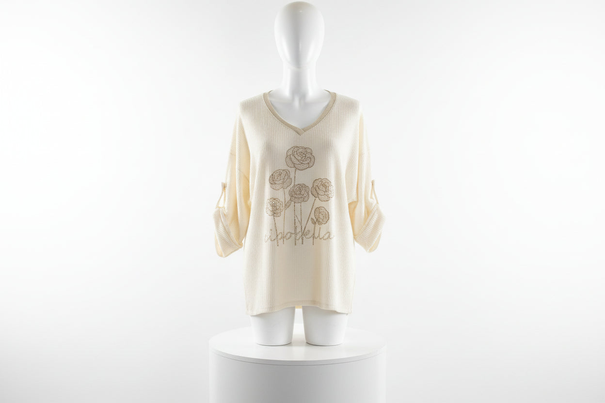 Edler Feinstaub-Pullover „Fiori di Italia“ – Cremeweiß – Einheitsgröße – NEU