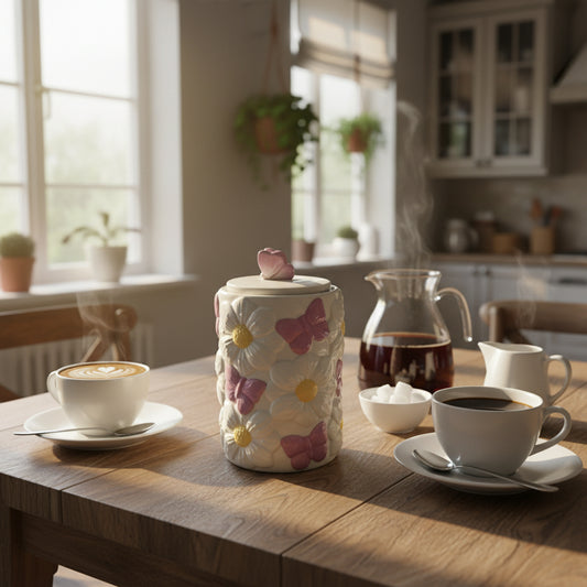 Bezaubernde Vorratsdose „Schmetterling & Margerite“ – Nostalgische Keramik mit Relief-Dekor