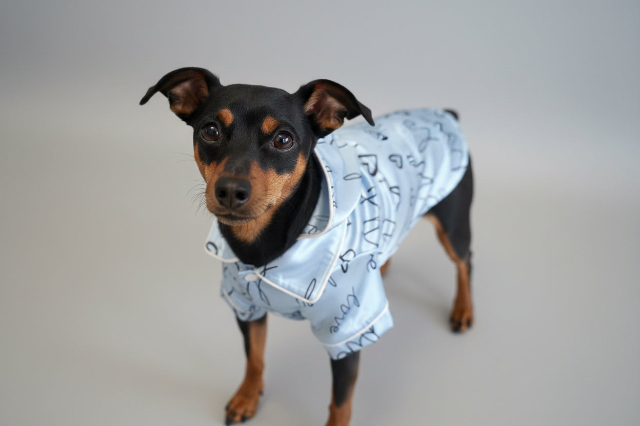 Hunde-Pyjama „Night & Love“ – Edler Satin-Look in Hellblau