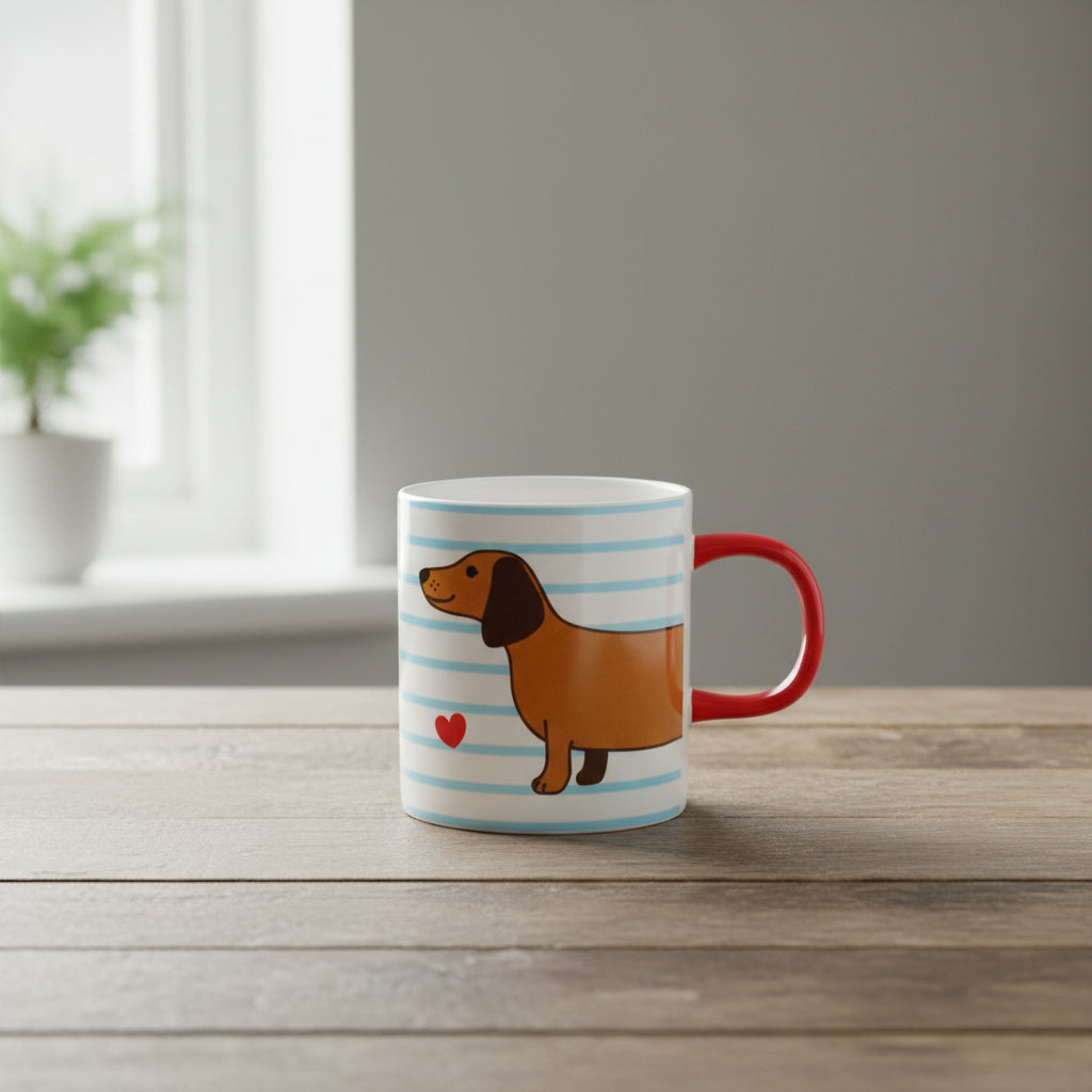 Dackel-Keramiktasse „Wurstmotiv“ – Süße Kaffeetasse mit blau-weißen Streifen & Herz