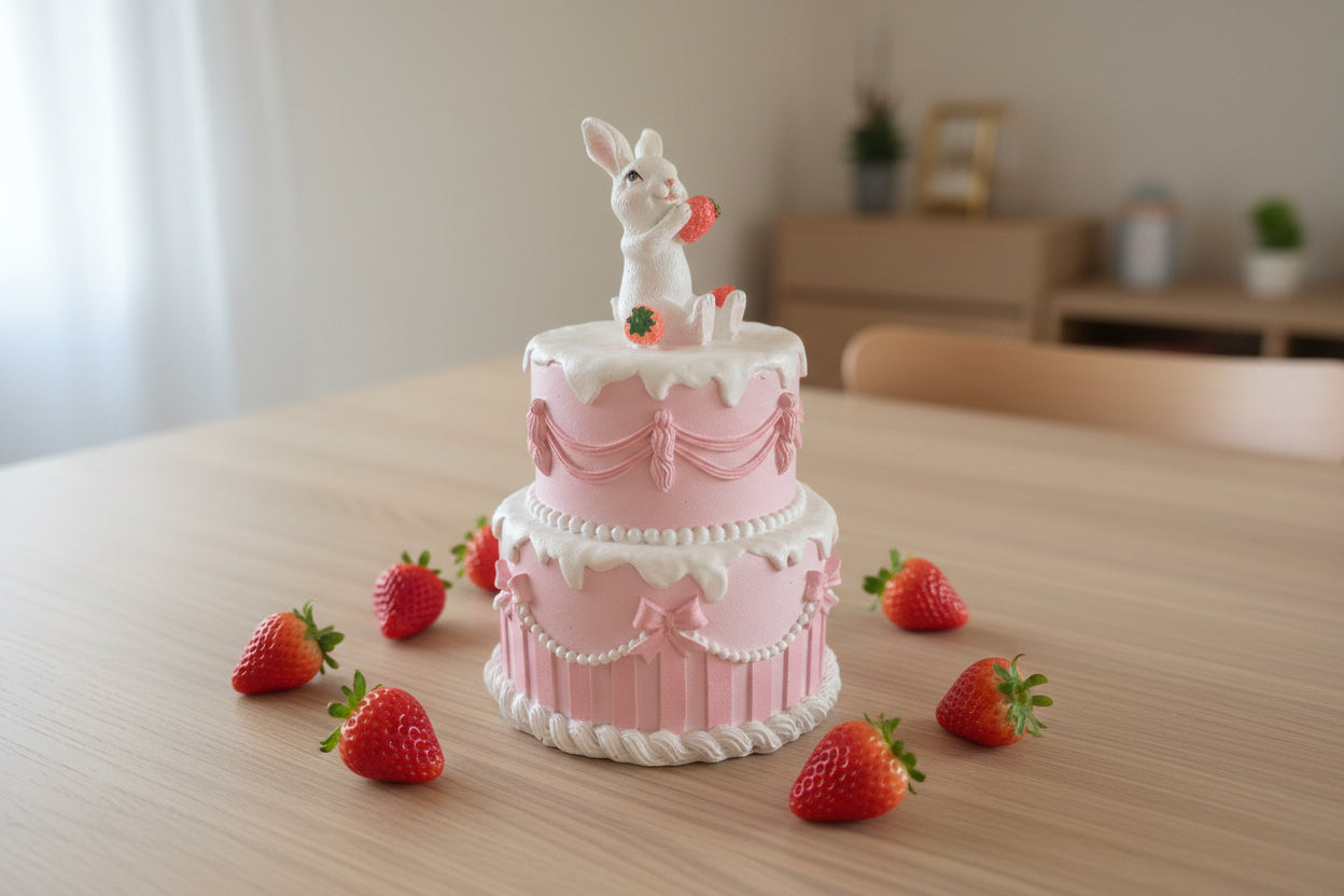 Große Deko-Figur Zweistöckige Torte mit Erdbeer-Hase – 28 cm Detailverliebt
