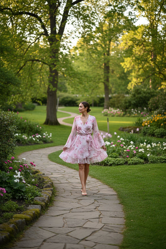 Pastell-Traum: Romantisches Wickelkleid „Rosengarten“
