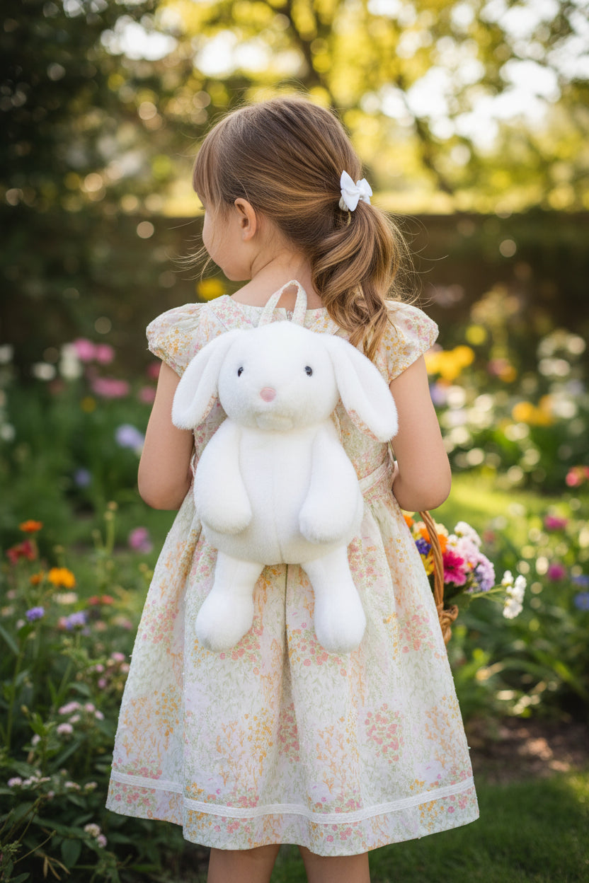 Mädchen Sommer-Set „Zuckerpuppe“ – Florales Kleid & Plüsch-Hasen-Rucksack (Gr. 104-110 / 4-5 Jahre)