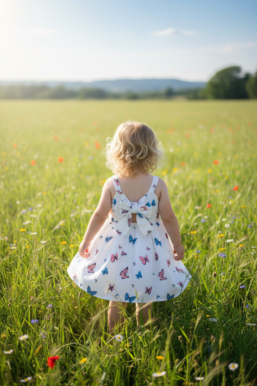 Zauberhaftes Mädchen-Kleid mit bunten Schmetterlingen – Weiß (Gr. 92/98)