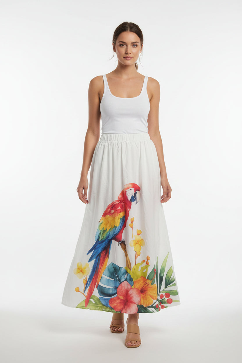 Sommerlicher Maxi-Rock mit tropischem Papageien-Print – Weiß – XL (46)
