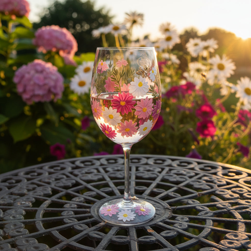 Elegantes Weinglas mit bunten Blumen & Bienen-Details