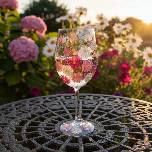 Elegantes Weinglas mit bunten Blumen & Bienen-Details