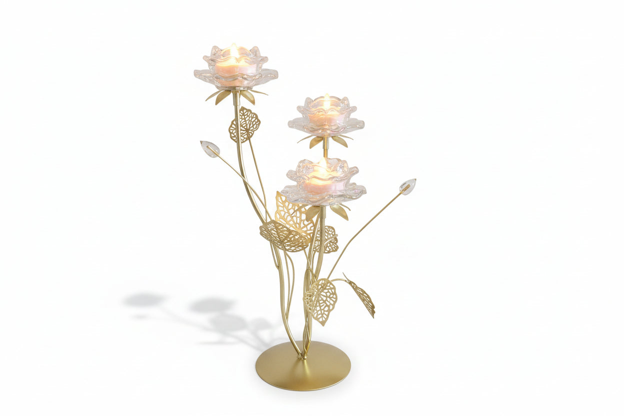 Eleganter Kerzenleuchter "Golden Bloom" – 3-flammig mit Glasblüten (42 cm)