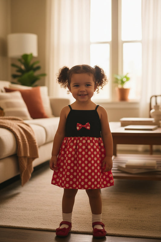 Süßes Trägerkleid im Minnie-Maus-Stil mit Schleife – Rot/Schwarz gepunktet – Gr. 92/98 (2-3 Jahre) – NEU