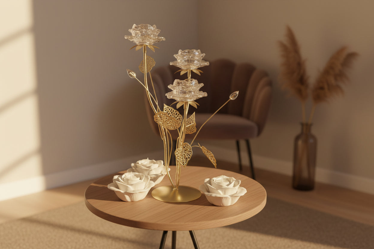 Eleganter Kerzenleuchter "Golden Bloom" – 3-flammig mit Glasblüten (42 cm)