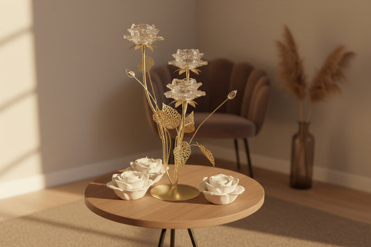 Eleganter Kerzenleuchter "Golden Bloom" – 3-flammig mit Glasblüten (42 cm)