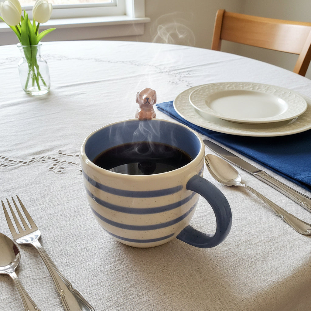 3D-Dackel-Keramiktasse von Sass & Belle – Gestreifter Becher mit kletterndem Hund am Rand