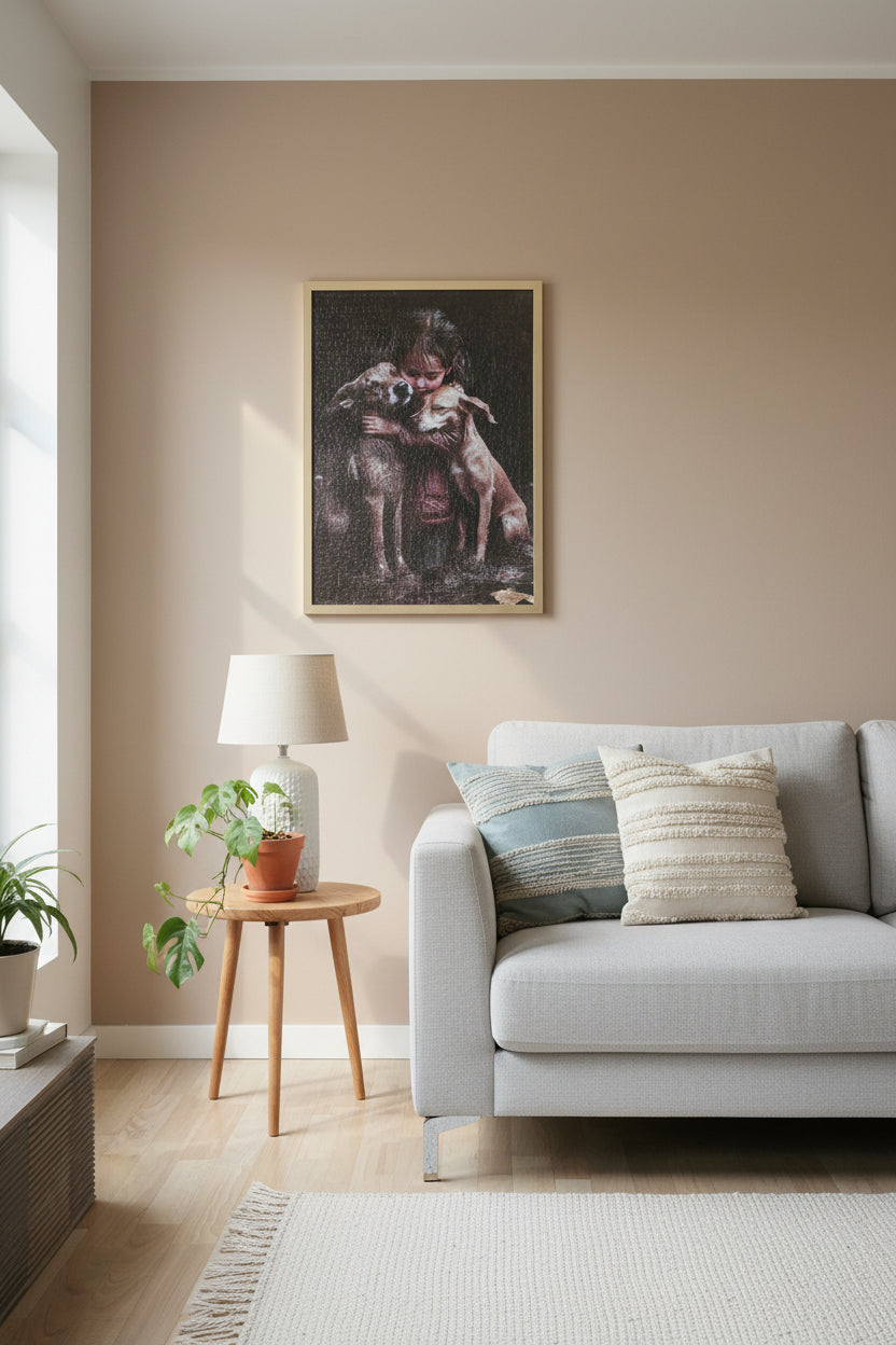 Titel: Handgelegtes 1000-Teile Puzzle: "Beste Freunde" – Fertig gerahmt