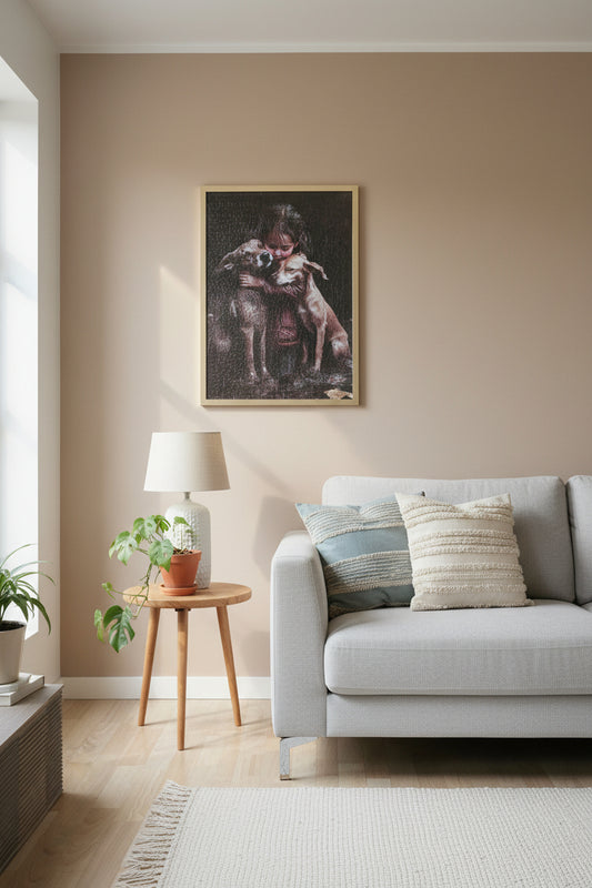 Titel: Handgelegtes 1000-Teile Puzzle: "Beste Freunde" – Fertig gerahmt