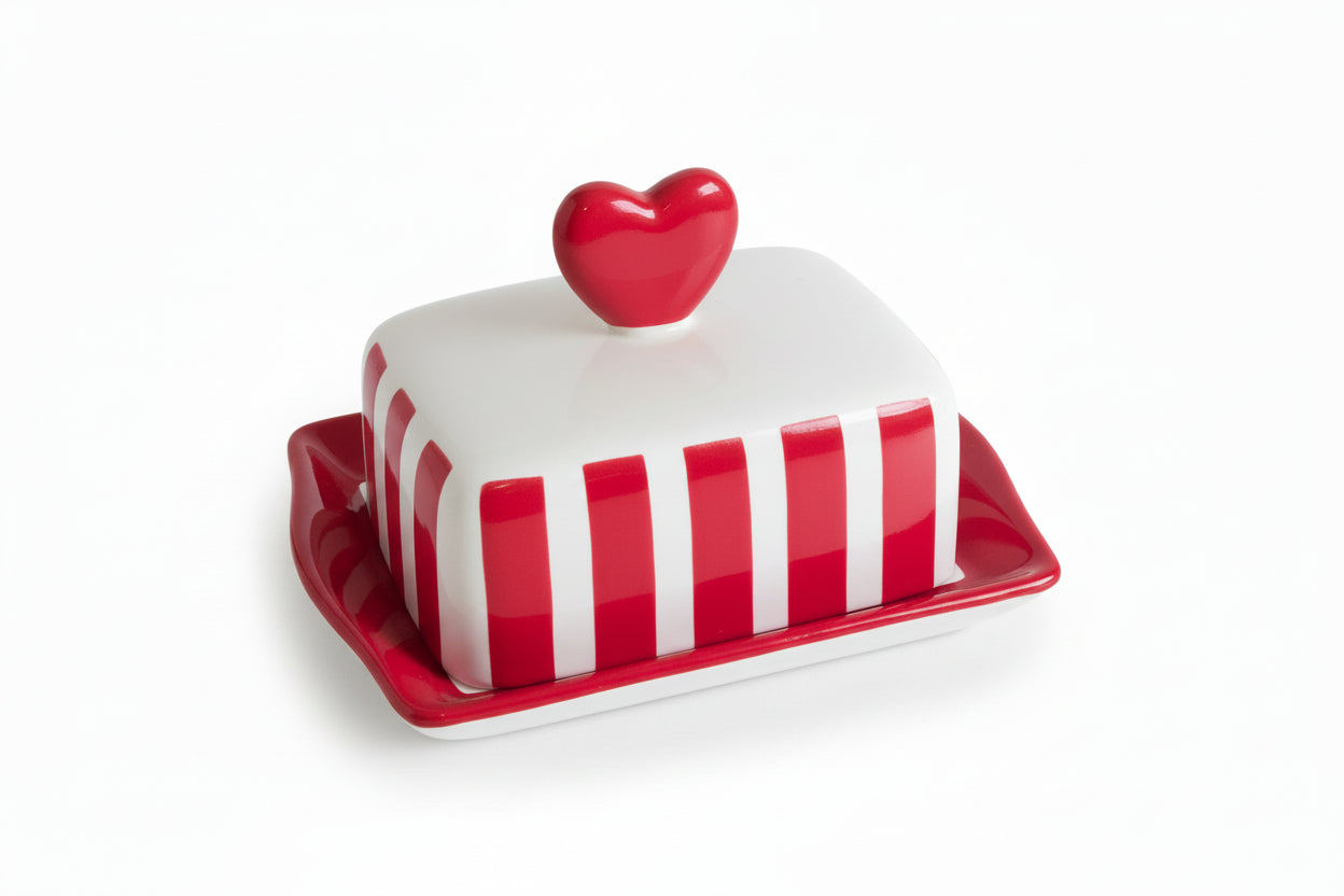 Keramik-Butterdose "Herz & Streifen" – Liebevolles Landhaus-Design