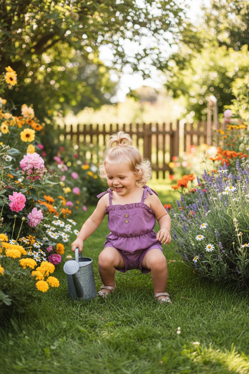 Einfarbiger Mädchen Sommer-Jumpsuit in Altrosa mit Holzknöpfen & Knotenträgern – Gr. 92/98 (2-3 Jahre)
