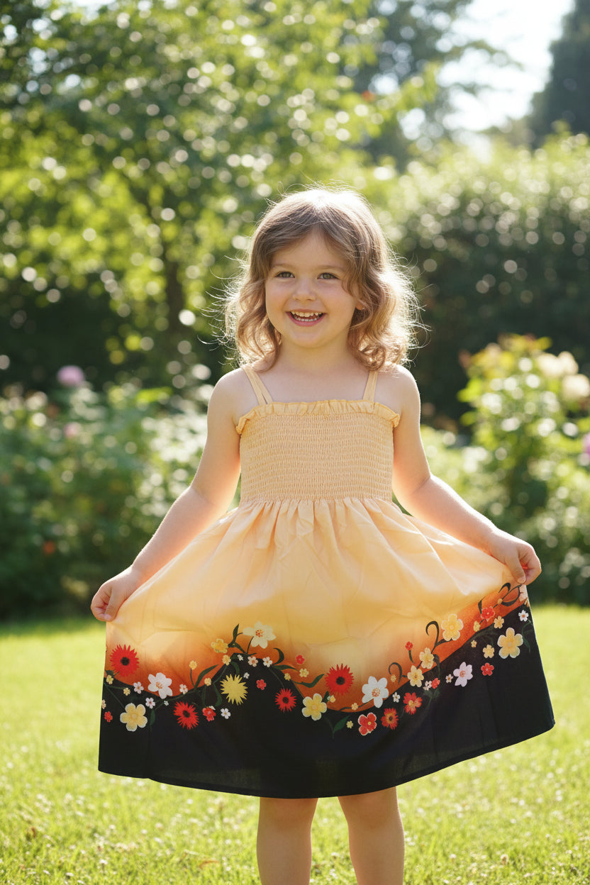 Mädchen Sommerkleid „Flower Sunset“ mit Smok-Oberteil & Blumen-Saum – Gr. 128 (8 Jahre)