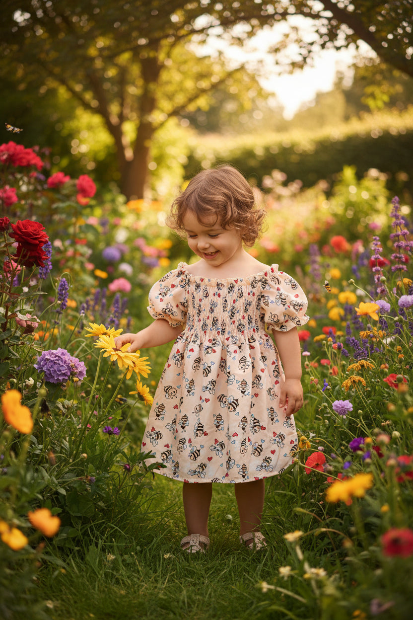 Niedliches Mädchen Sommer-Set: Bienchen-Kleid mit gesmokter Brust & passendem Sonnenhut – Gr. 92/98