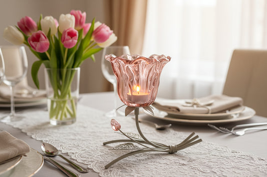 Teelichthalter "Spring Blossom" – Rosa Glaskelch in geschwungener Optik (16,5 cm)