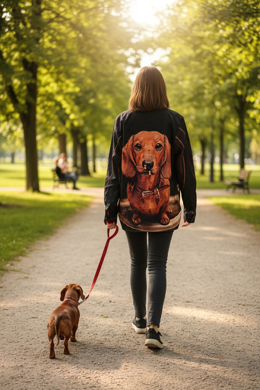 Stylisches Langarm-Hemd mit XXL Dackel-Motiv – Schwarz – XXL (46)