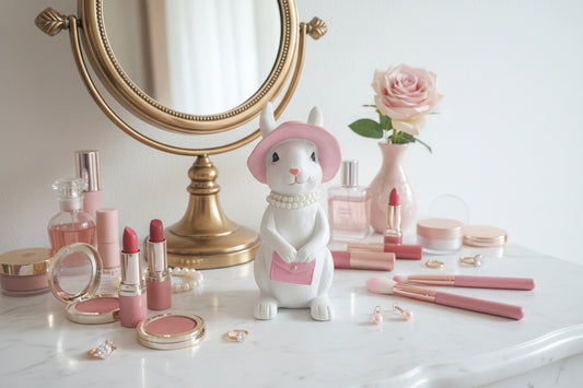 :
Elegante Hasen-Lady mit Handtasche & Perlenkette – 21 cm Vintage Charme