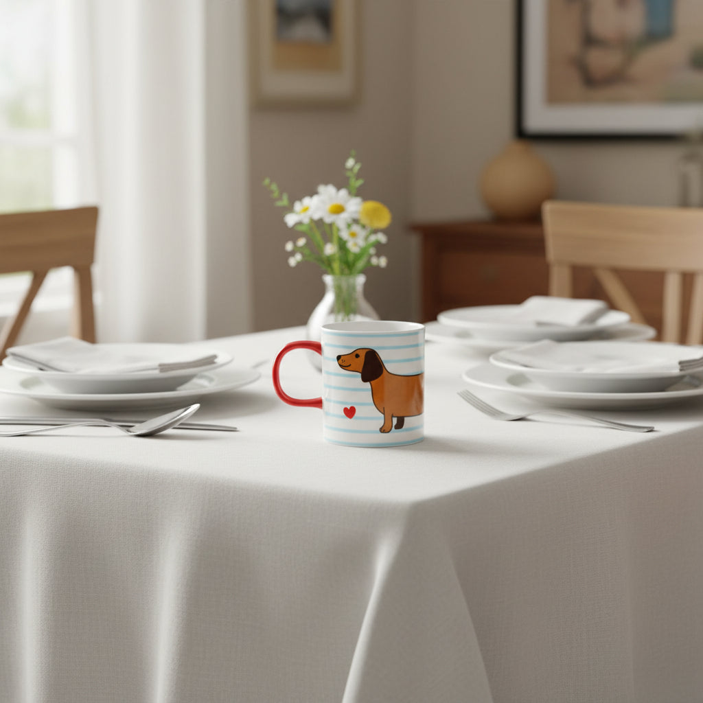 Dackel-Keramiktasse „Wurstmotiv“ – Süße Kaffeetasse mit blau-weißen Streifen & Herz