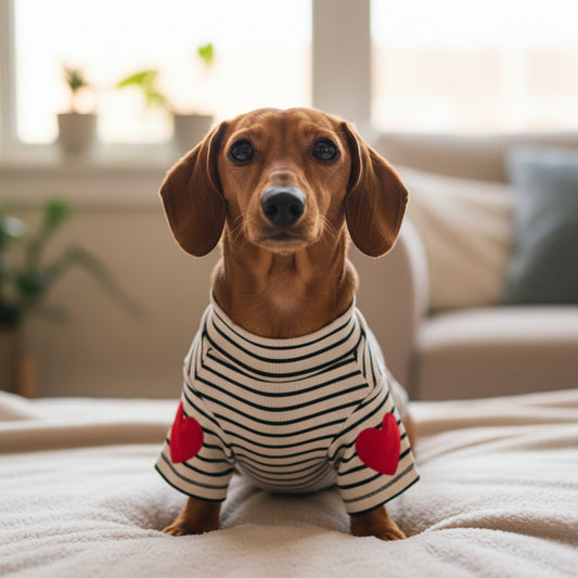 Süßes Hunde-T-Shirt mit Herzchen-Muster – Rot/Weiß – Gr. XL (für kleinere/mittlere Hunde wie Dackel)