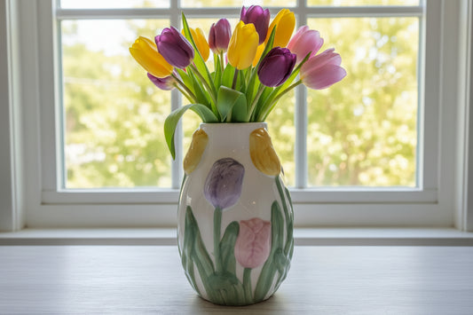 Bezaubernde Tulpen-Relief Vase – Handbemalte Frühlingsdeko ca. 16 cm