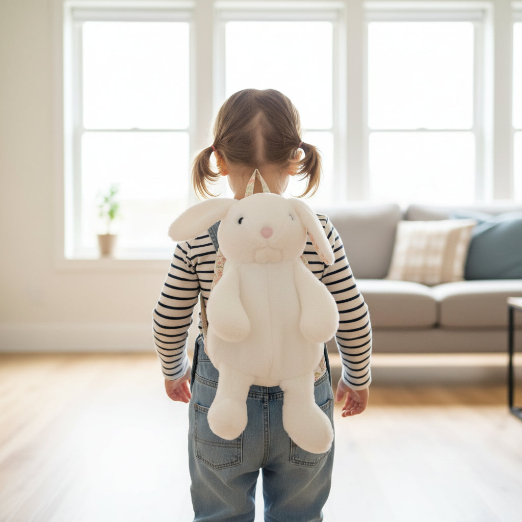 Mädchen Sommer-Set „Zuckerpuppe“ – Florales Kleid & Plüsch-Hasen-Rucksack (Gr. 104-110 / 4-5 Jahre)