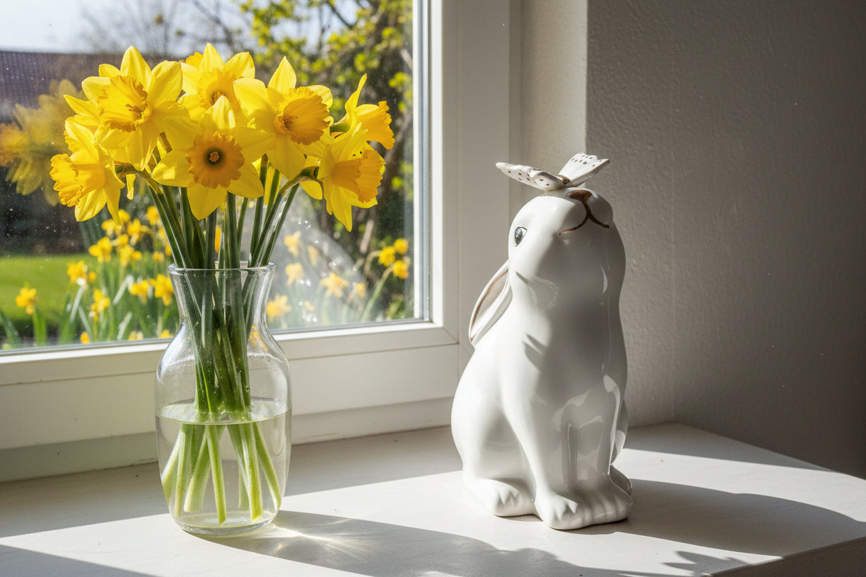 Eleganter weißer Porzellan-Hase mit Goldakzenten & Schmetterling – 23 cm