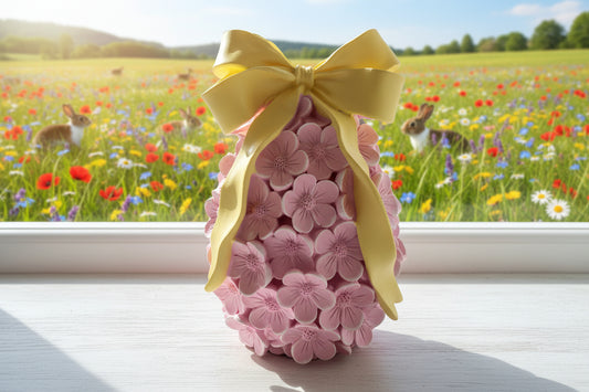 Romantisches Blüten-Osterei mit gelber Schleife – 20 cm Frühlingsdeko