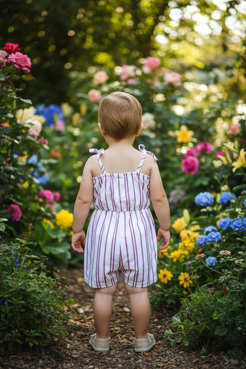 Gestreifter Mädchen Sommer-Jumpsuit in Weiß/Lila mit Holzknöpfen – Gr. 92/98 (2-3 Jahre)