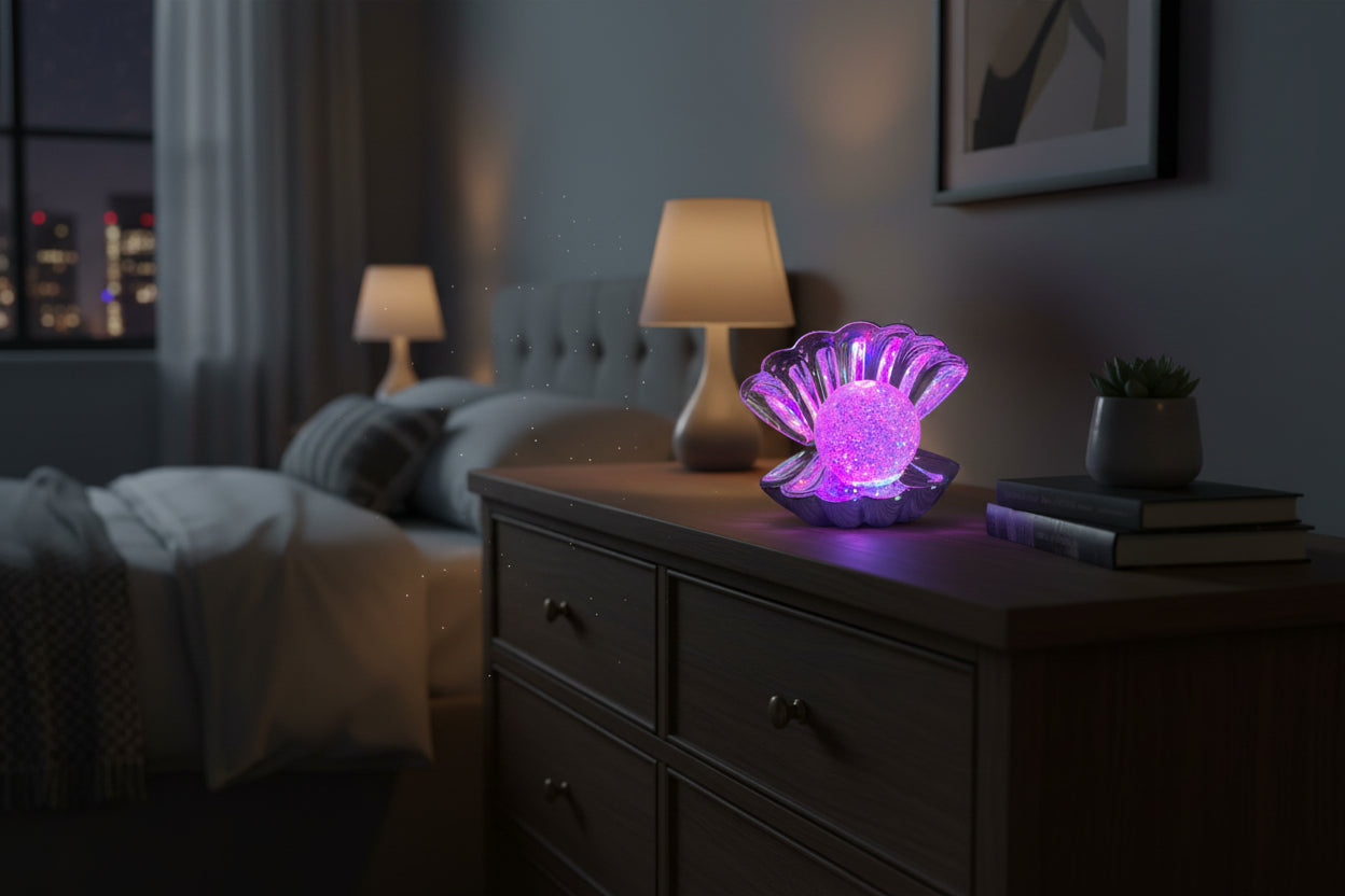 Magische Muschel-Leuchte mit Glitzer-Kugel – Elegante Tischlampe in Silber-Optik