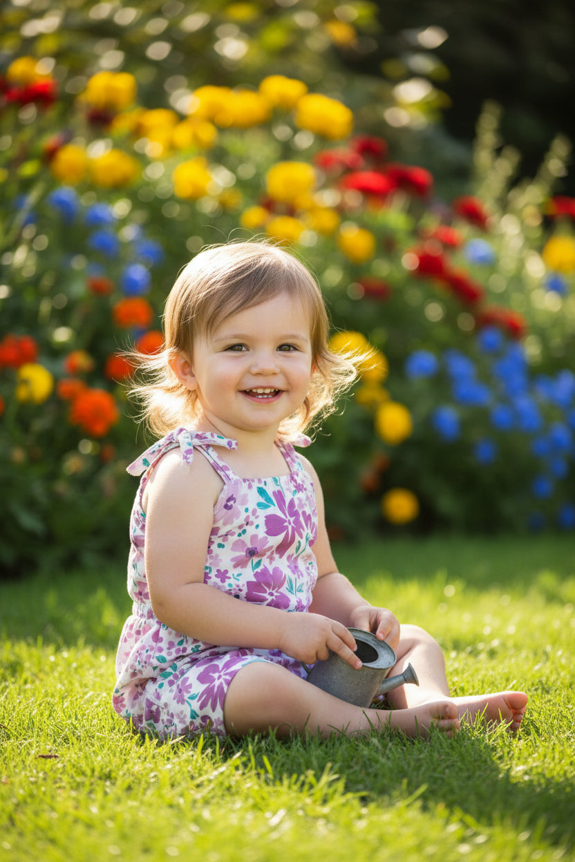 Süßer Mädchen Sommer-Jumpsuit mit lila Blumenmuster & Knotenträgern – Gr. 92/98 (2-3 Jahre)