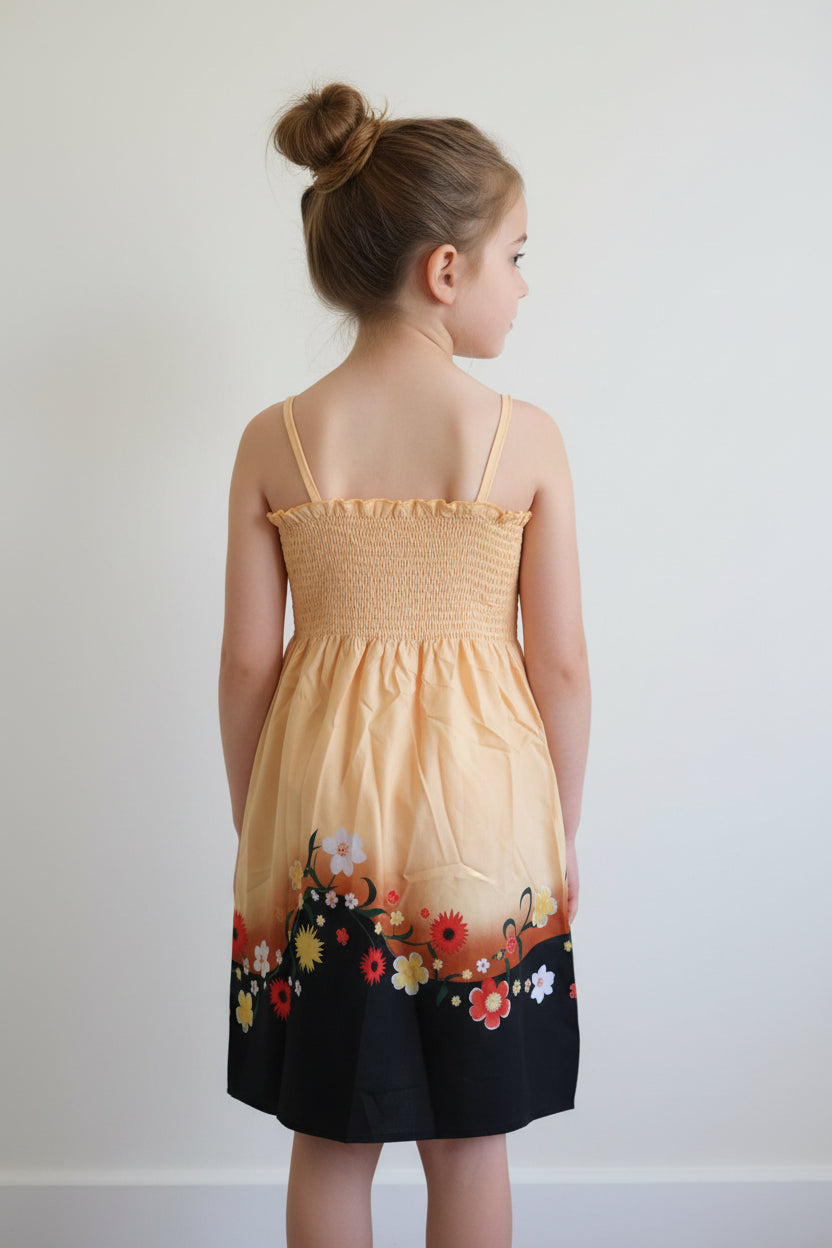 Mädchen Sommerkleid „Flower Sunset“ mit Smok-Oberteil & Blumen-Saum – Gr. 128 (8 Jahre)