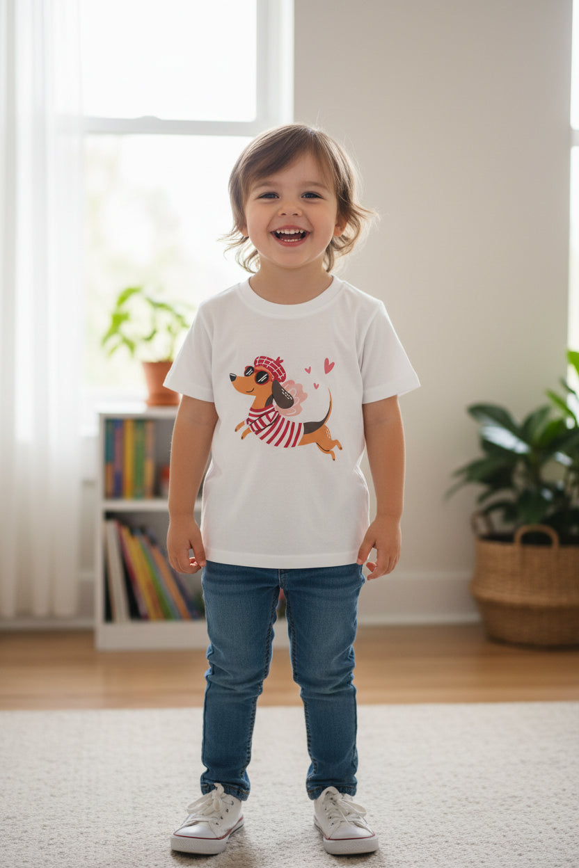Kinder T-Shirt mit Dackel-Motiv & Baskenmütze – Weiß (Gr. 104/110)